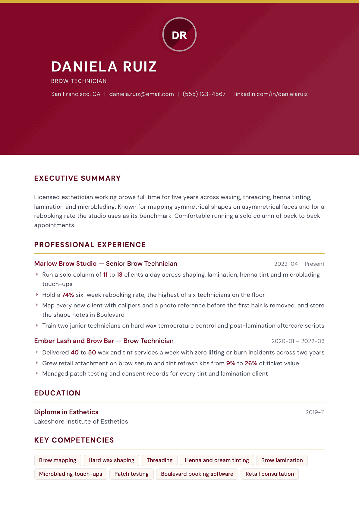 Brow Technician resume example, Viceroy template