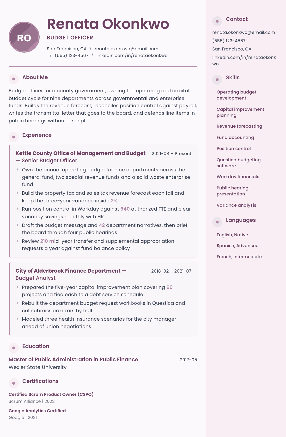 Budget Officer resume example, Bloom template