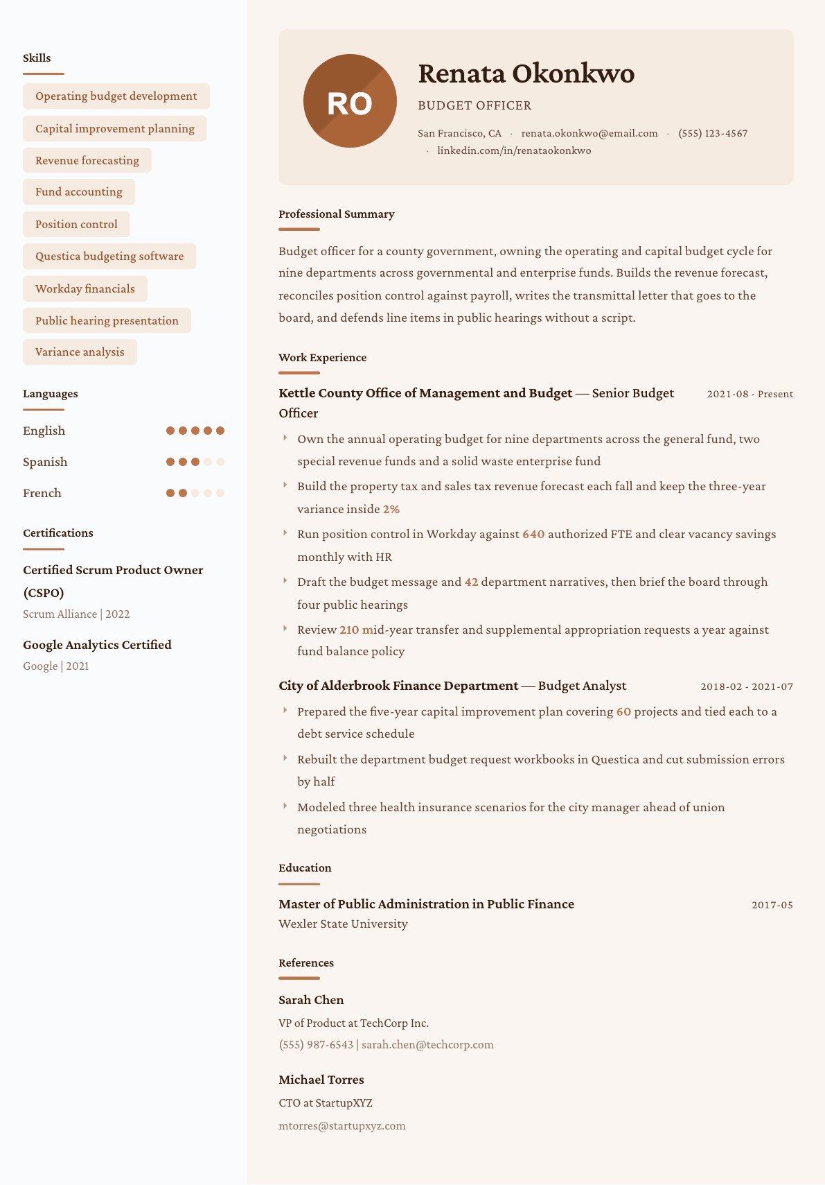 Budget Officer resume example, Lisbon template