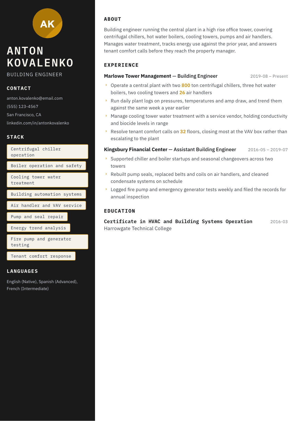 Building Engineer resume example, Neon template