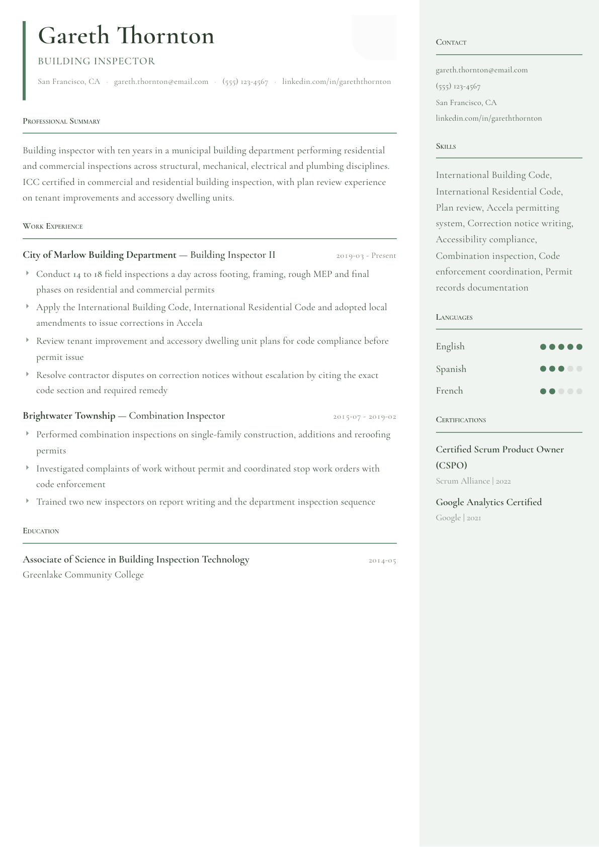 Building Inspector resume example, Copenhagen template