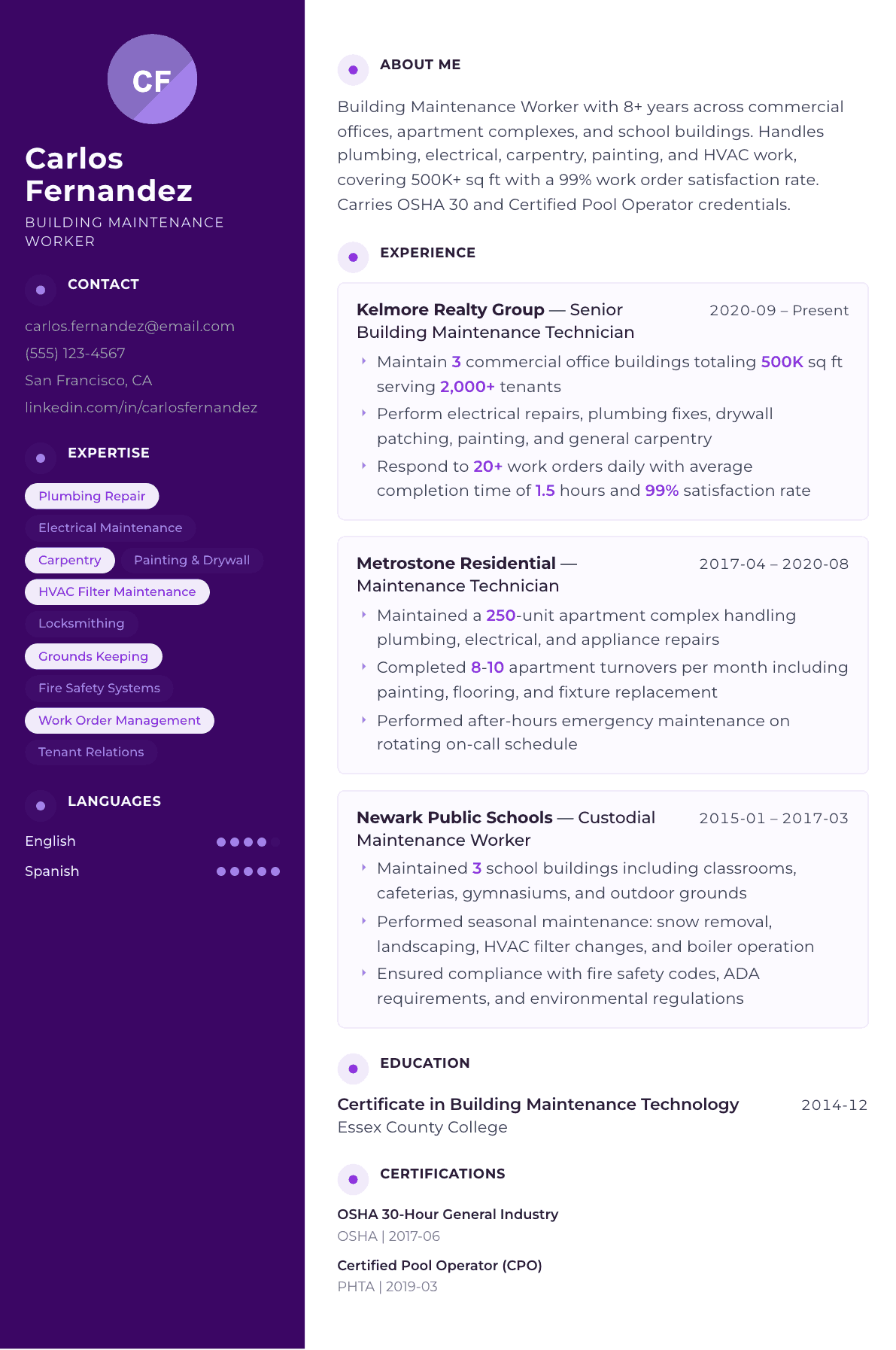 Building Maintenance Worker resume example, Palette template