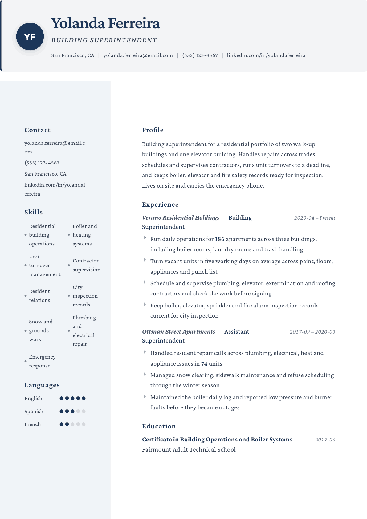 Building Superintendent resume example, Formal template