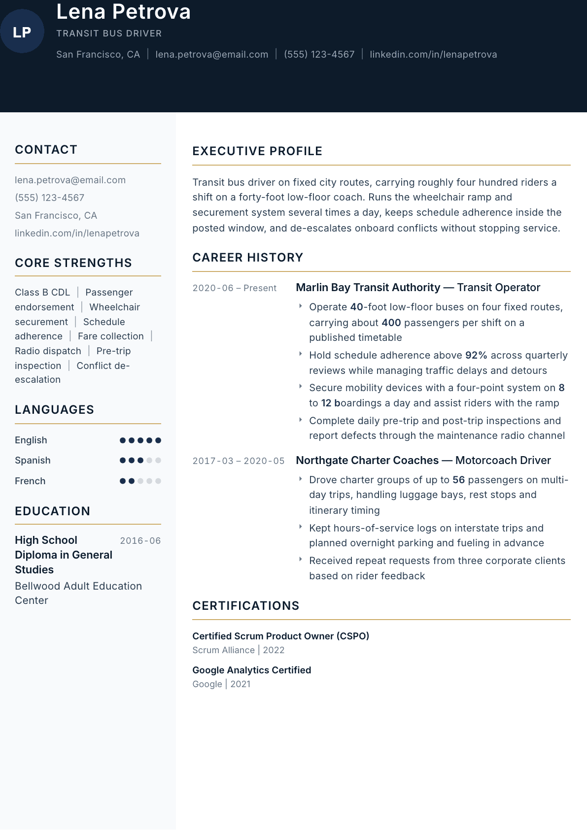Bus Driver resume example, Consulate template