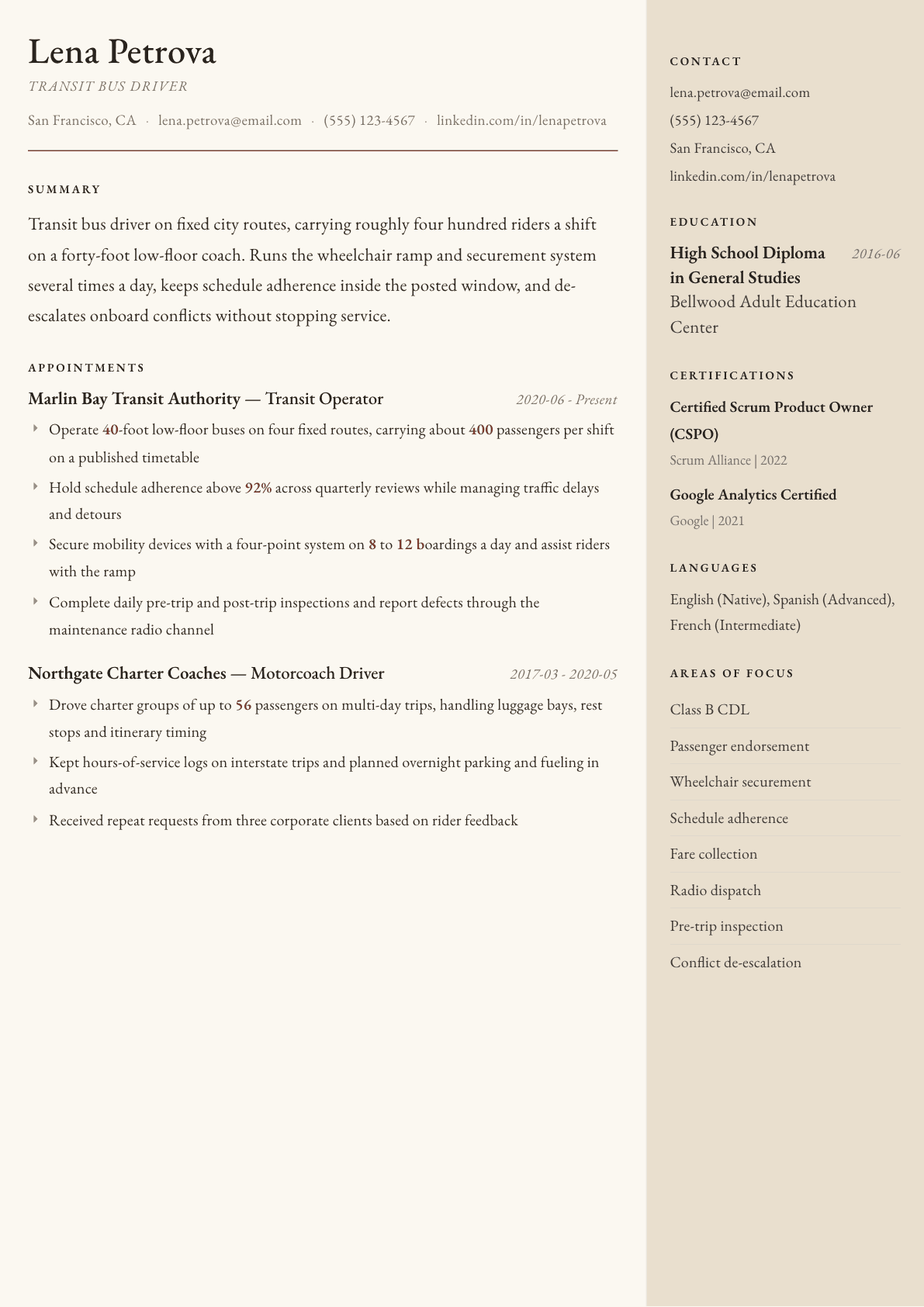 Bus Driver resume example, Manuscript template