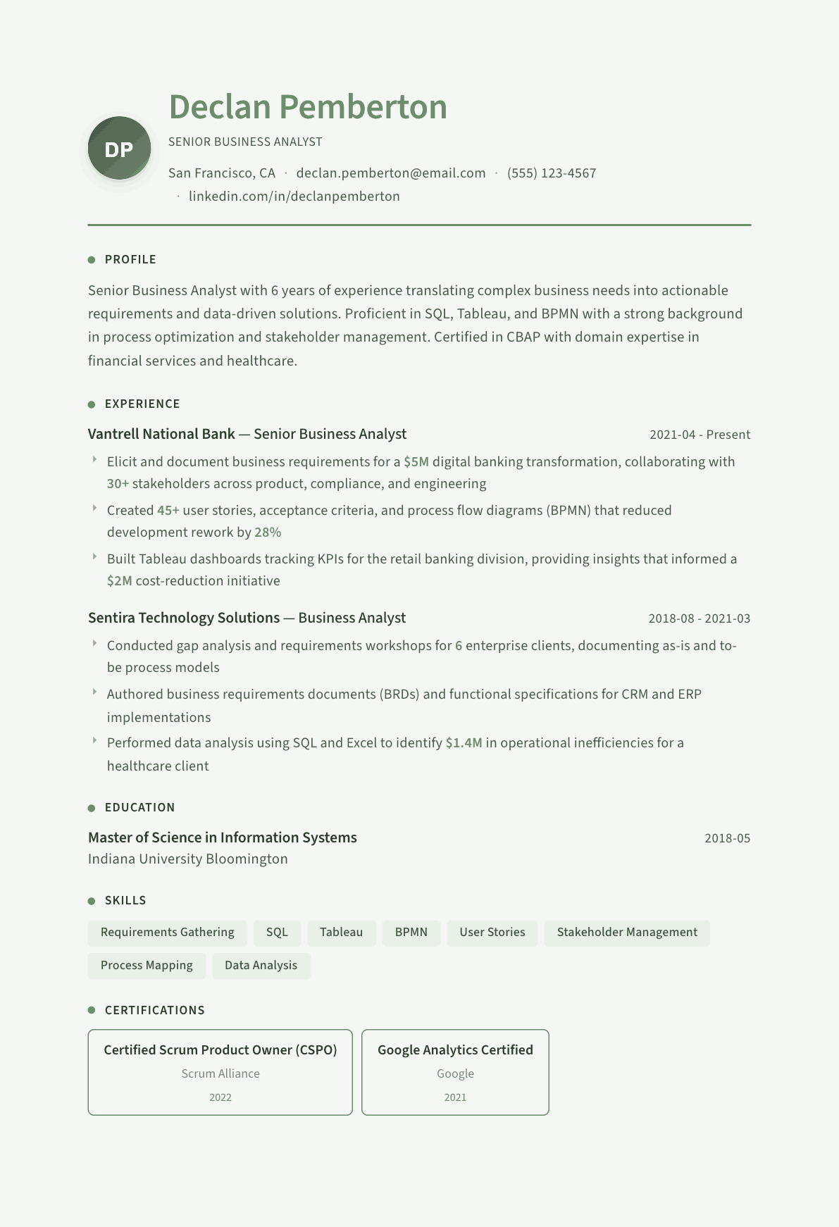 Business Analyst resume example, Sage Garden template