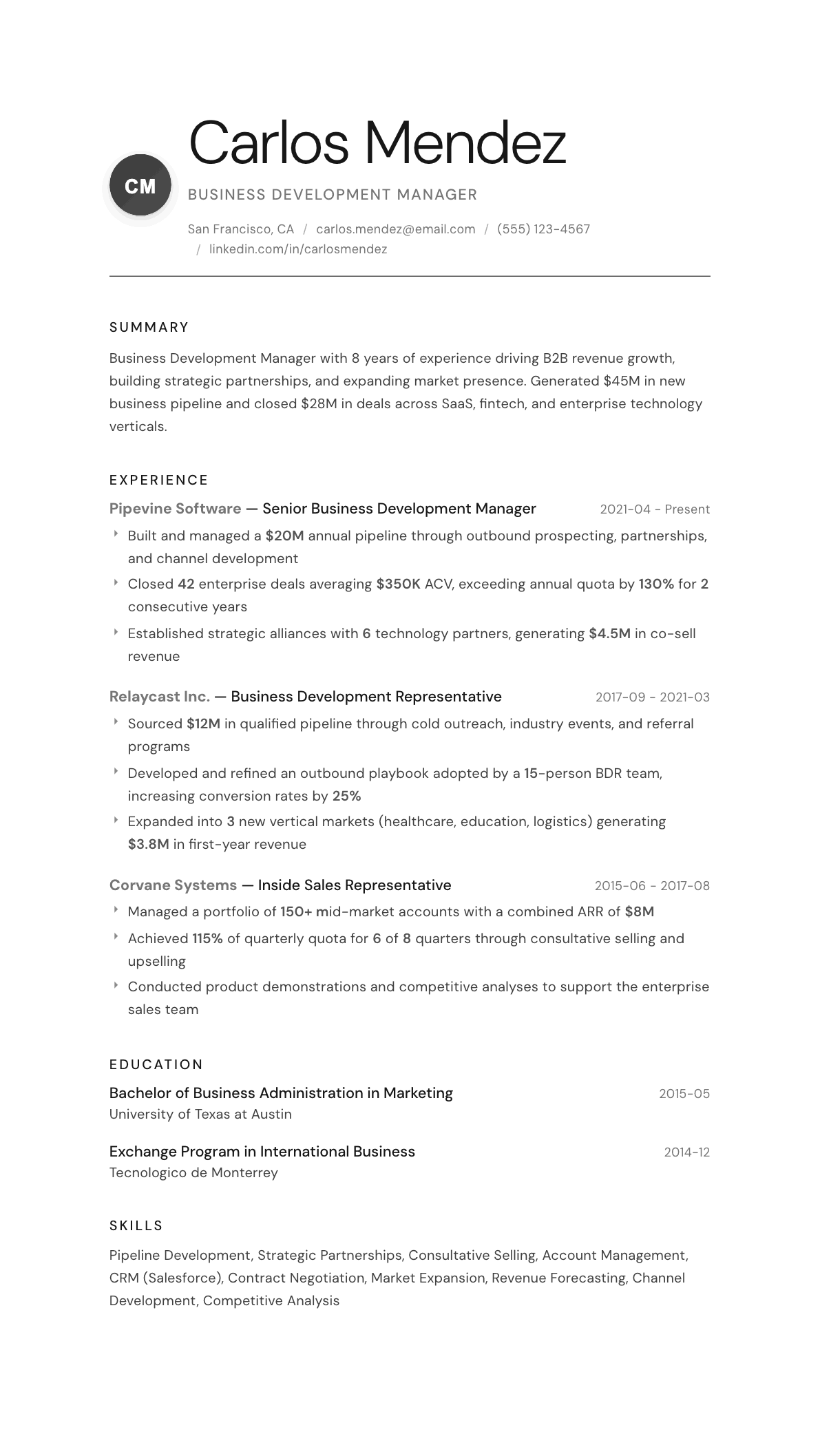 Business Development Manager resume example, Whisper template