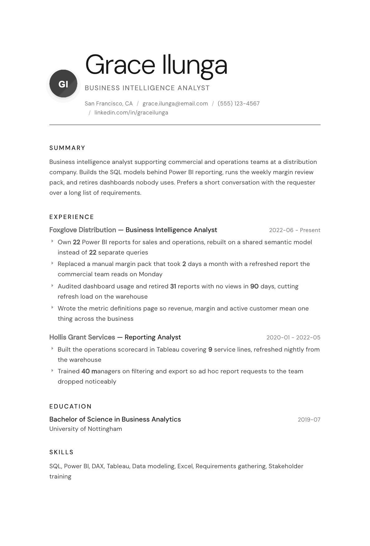 Business Intelligence Analyst resume example, Whisper template