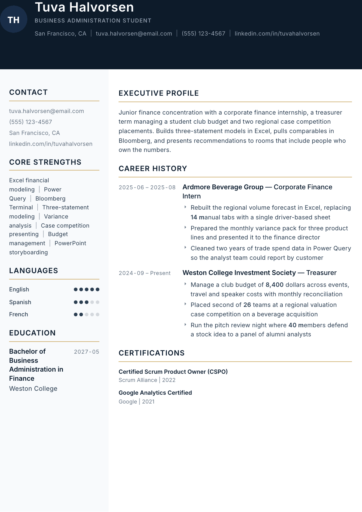 Business Student resume example, Consulate template