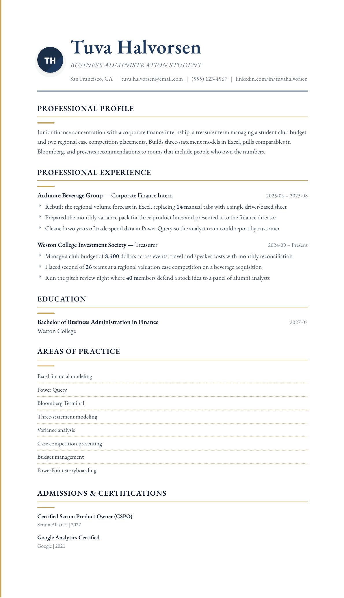Business Student resume example, Folio template