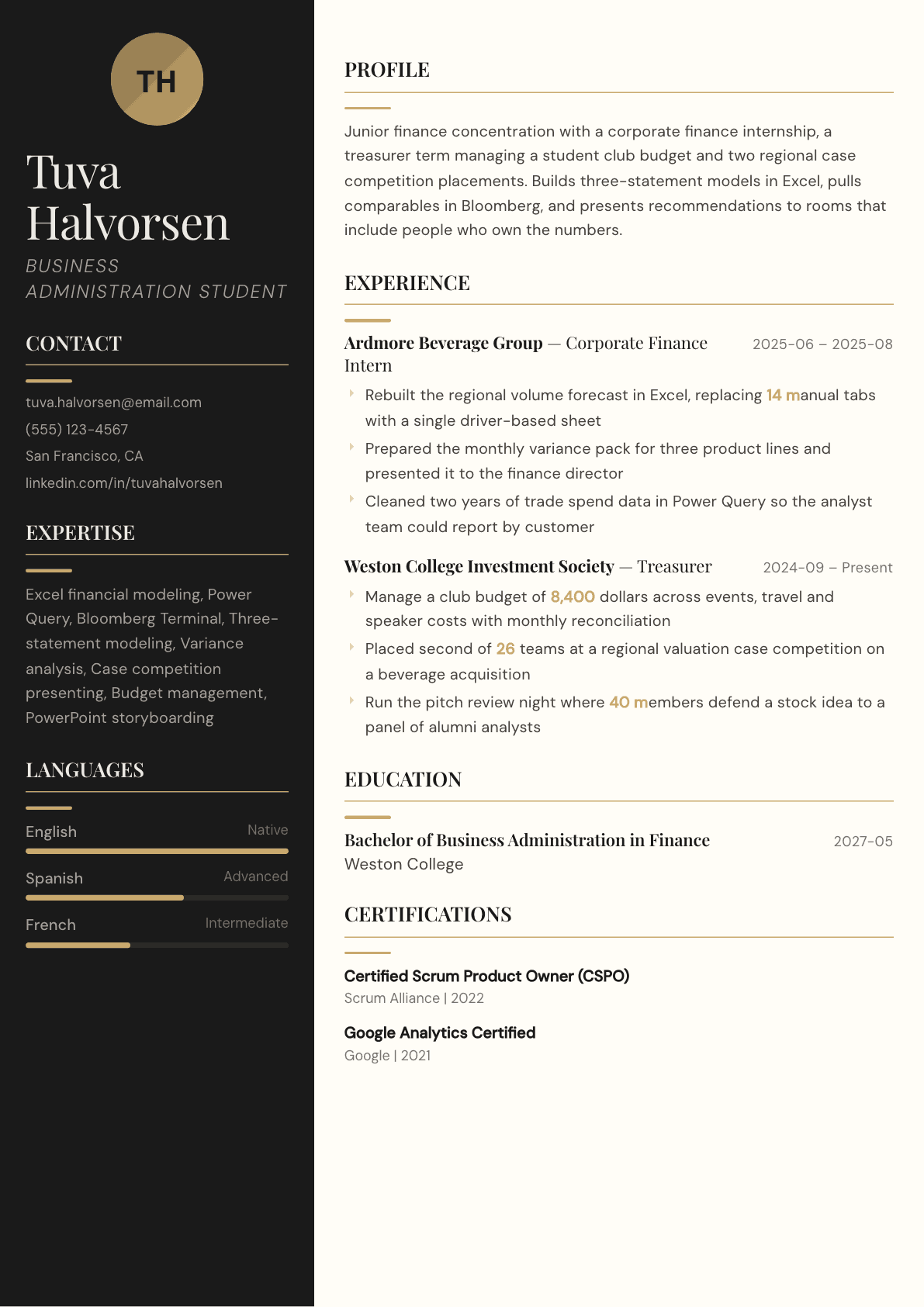 Business Student resume example, Obsidian template