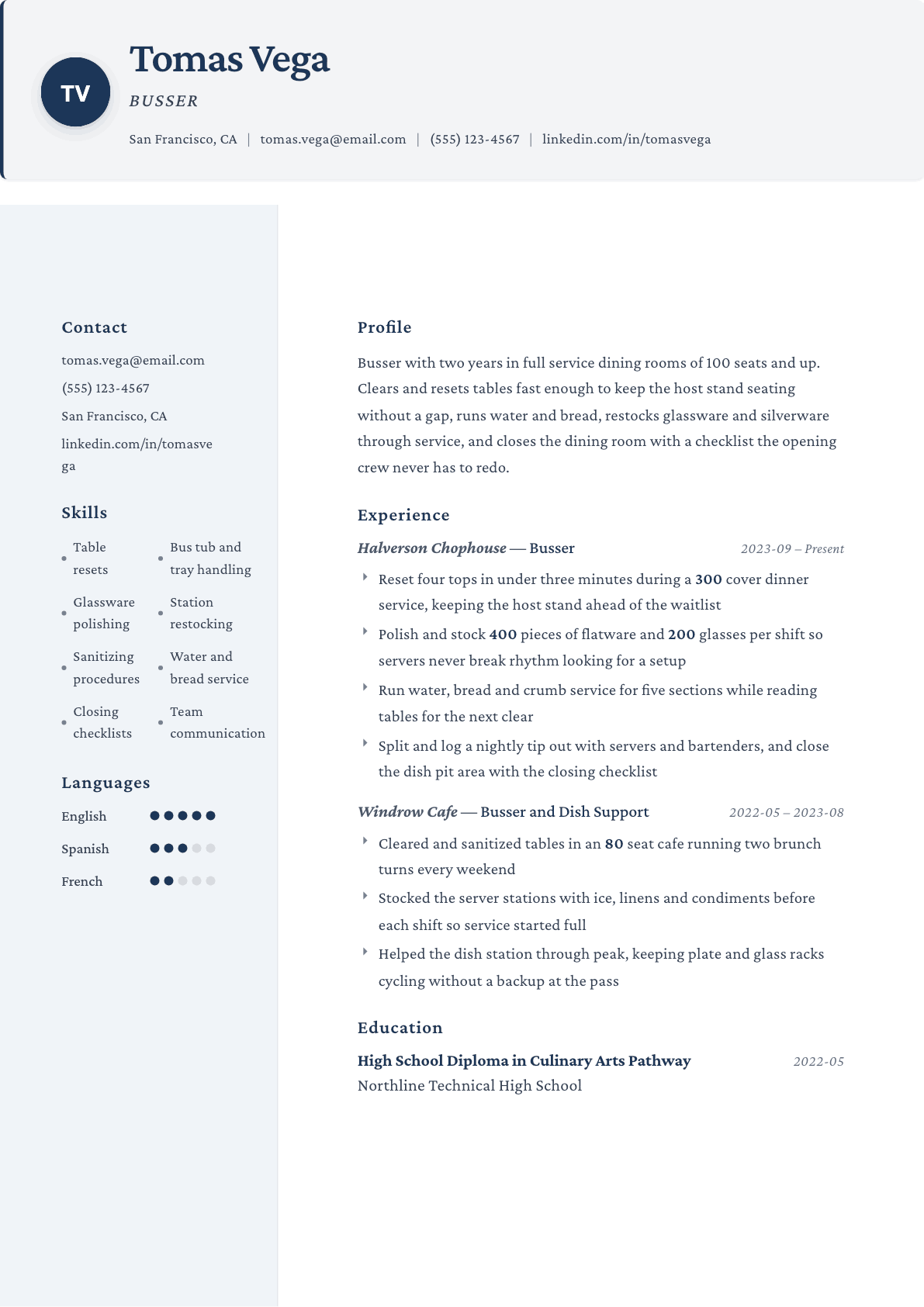Busser resume example, Formal template