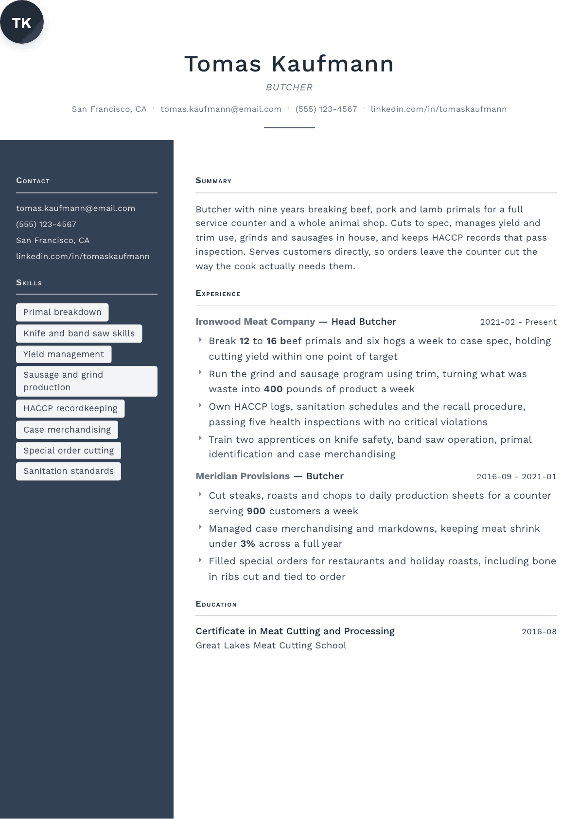 Butcher resume example, Fold template