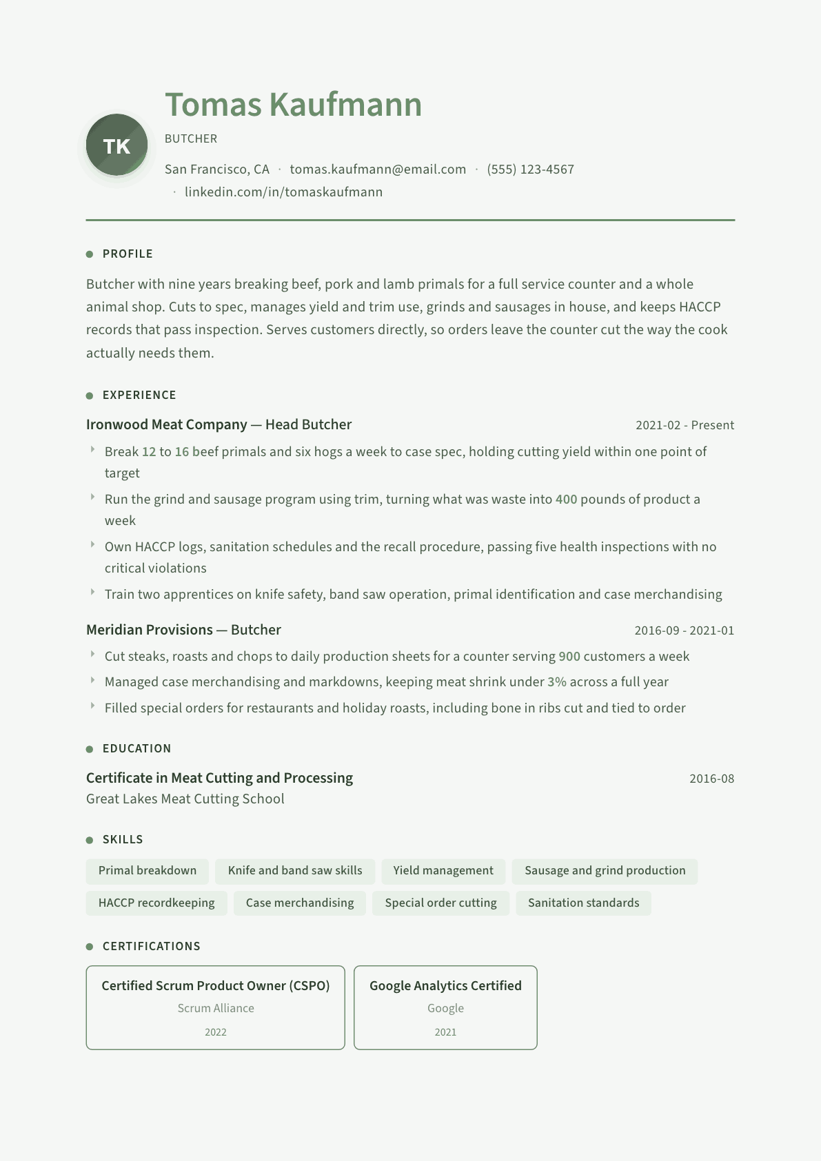 Butcher resume example, Sage Garden template