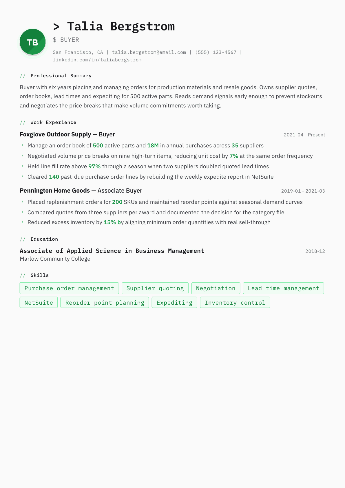Buyer resume example, Amsterdam template
