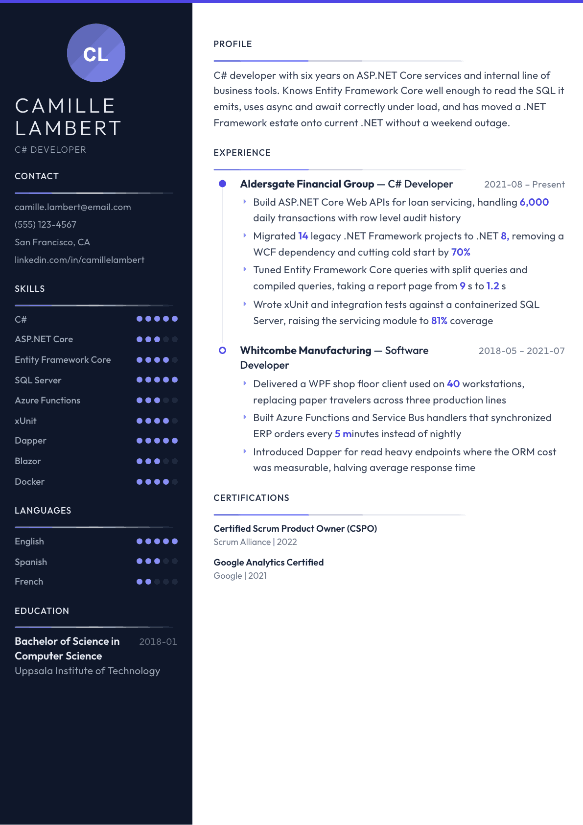 C# Developer resume example, Zenith template