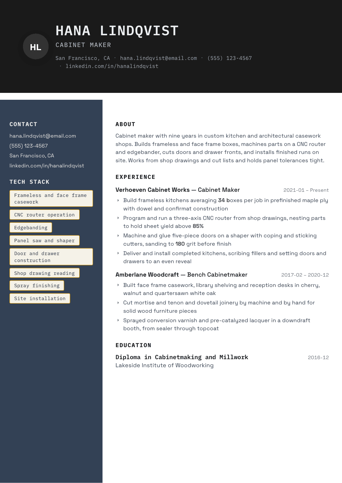 Cabinet Maker resume example, Codebase template