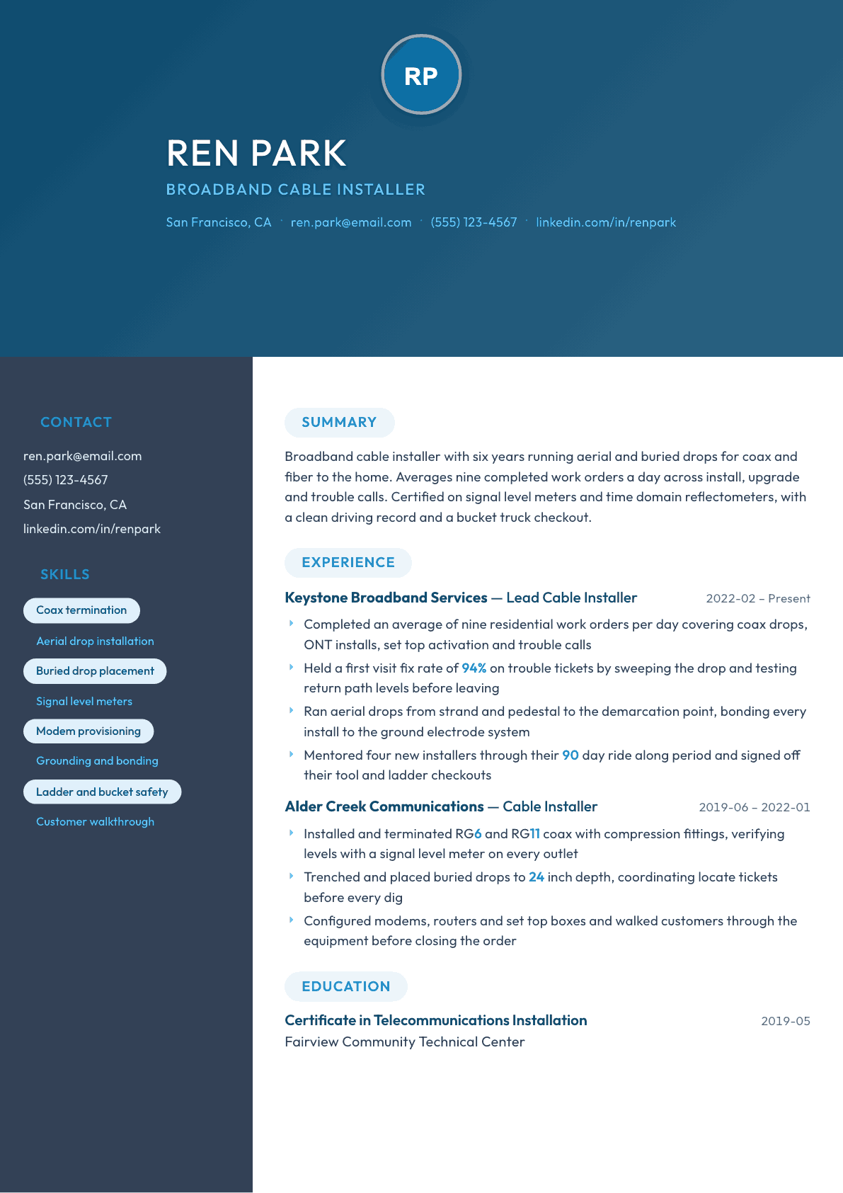 Cable Installer resume example, Nexus template