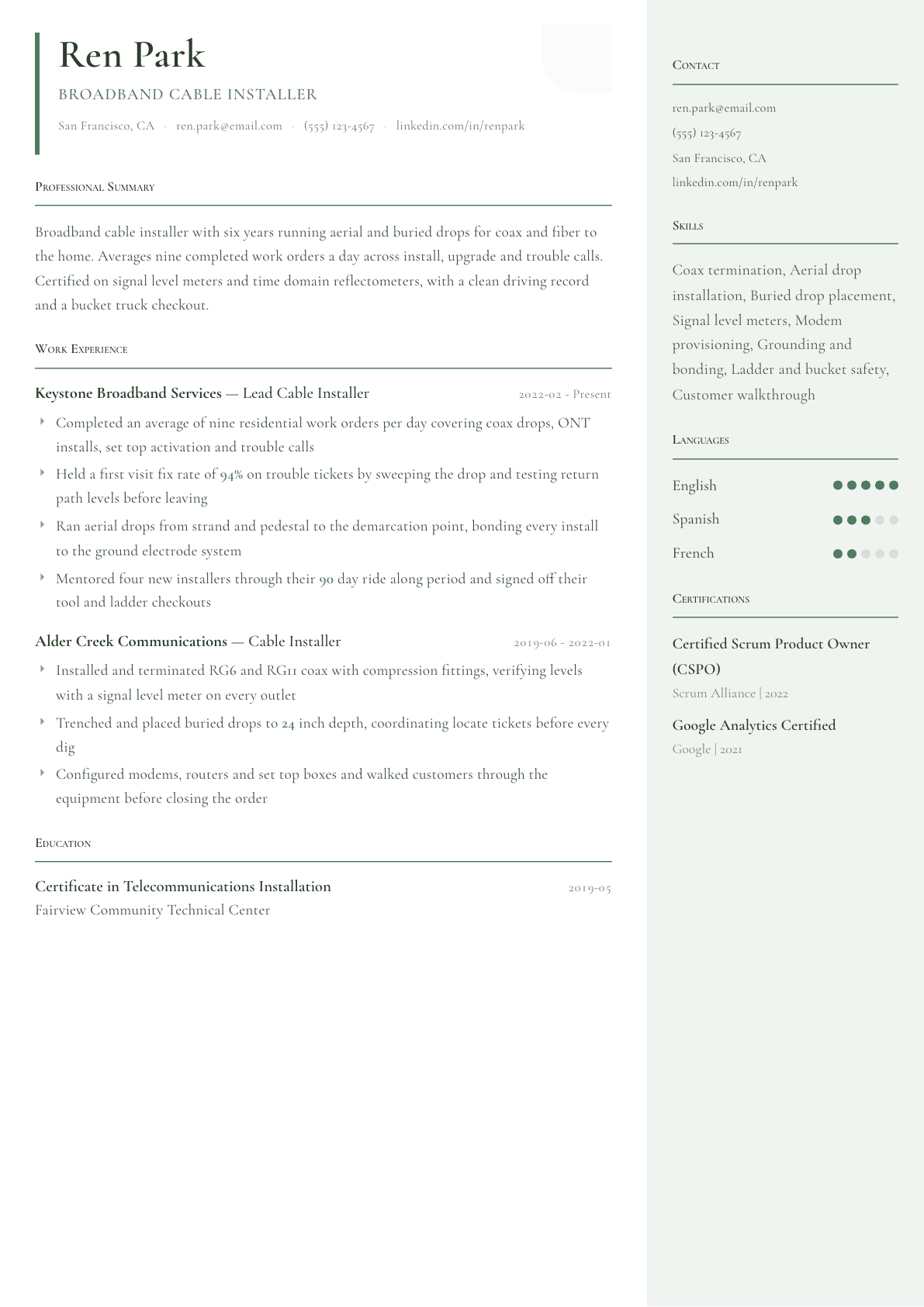 Cable Installer resume example, Copenhagen template
