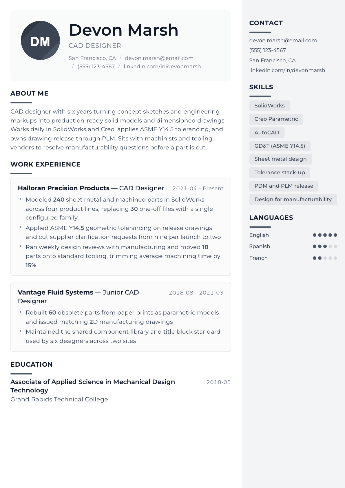 CAD Designer resume example, Metropolitan template