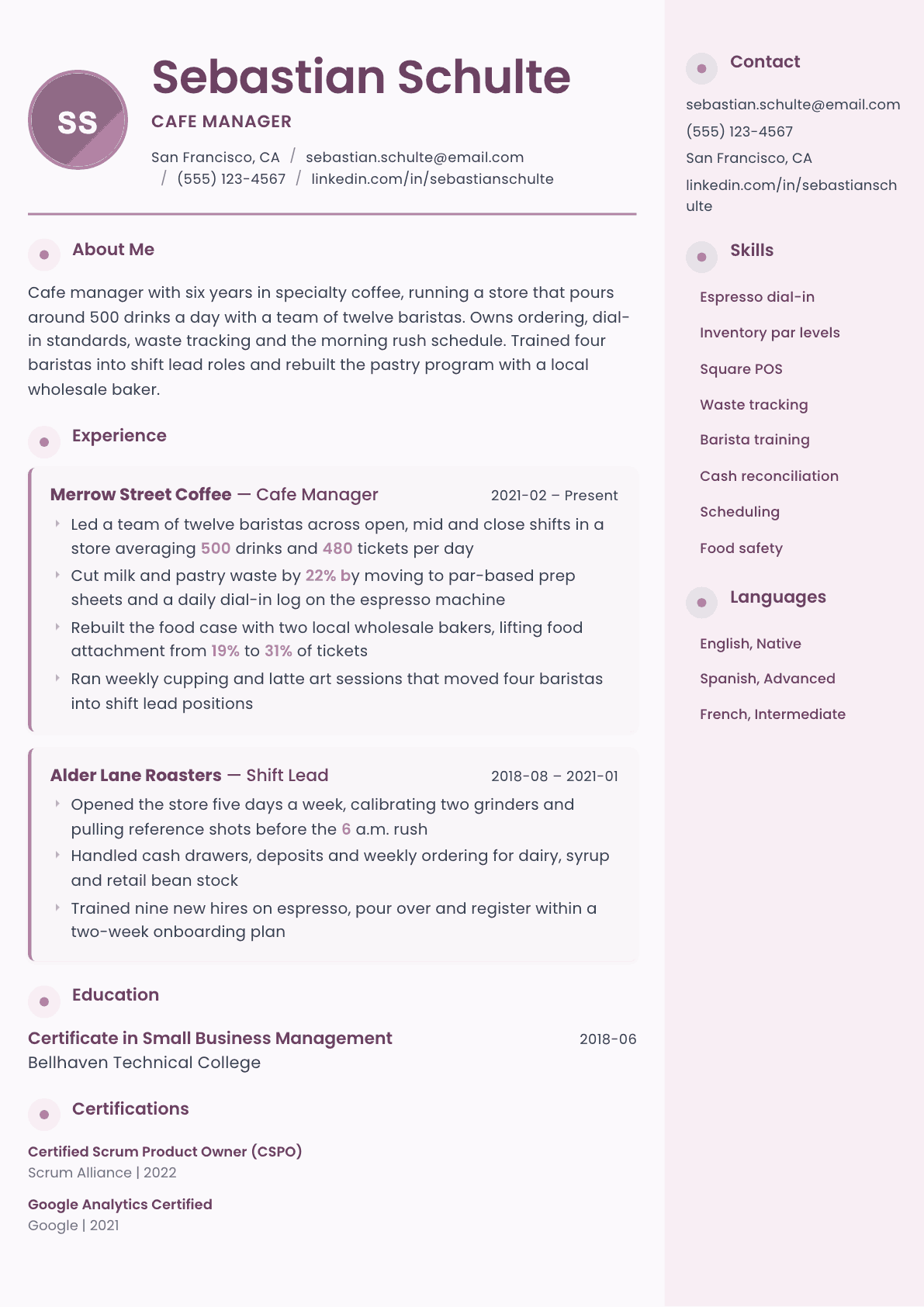 Cafe Manager resume example, Bloom template