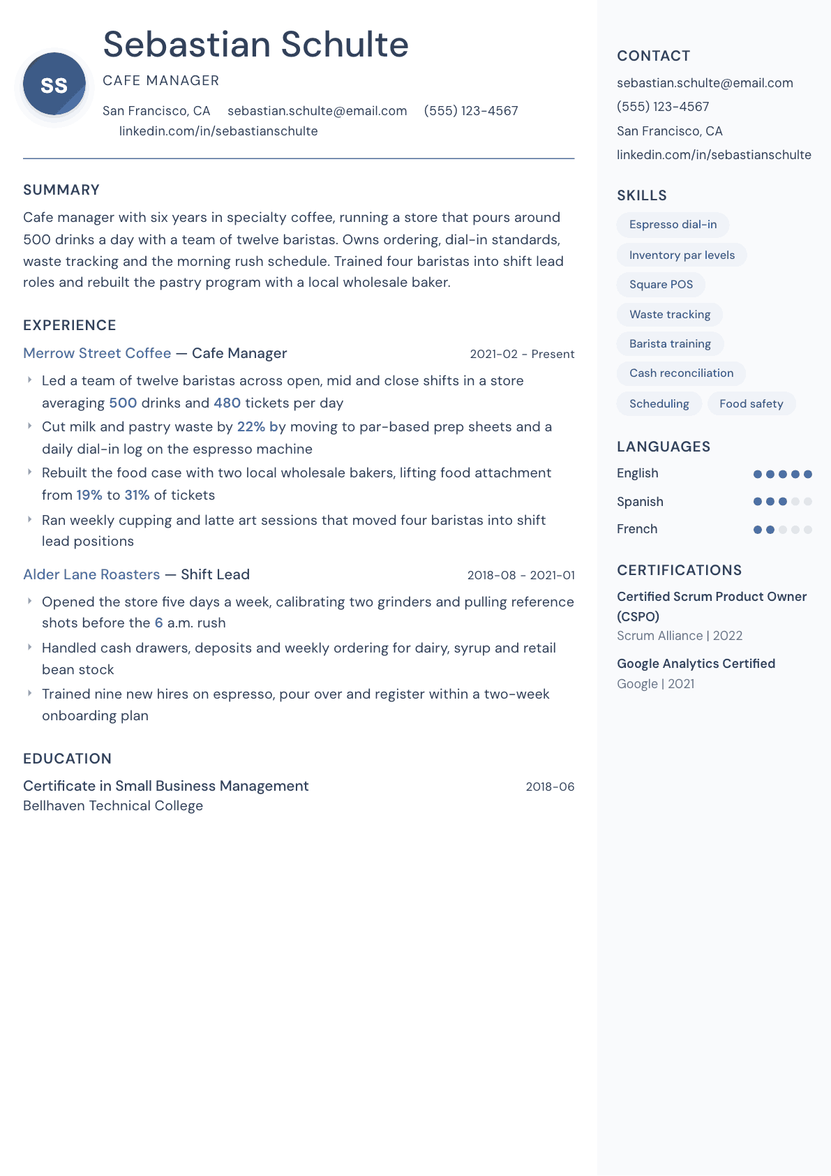 Cafe Manager resume example, Kernel template