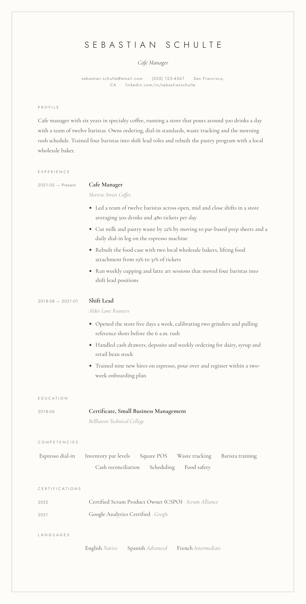 Cafe Manager resume example, Vellum template