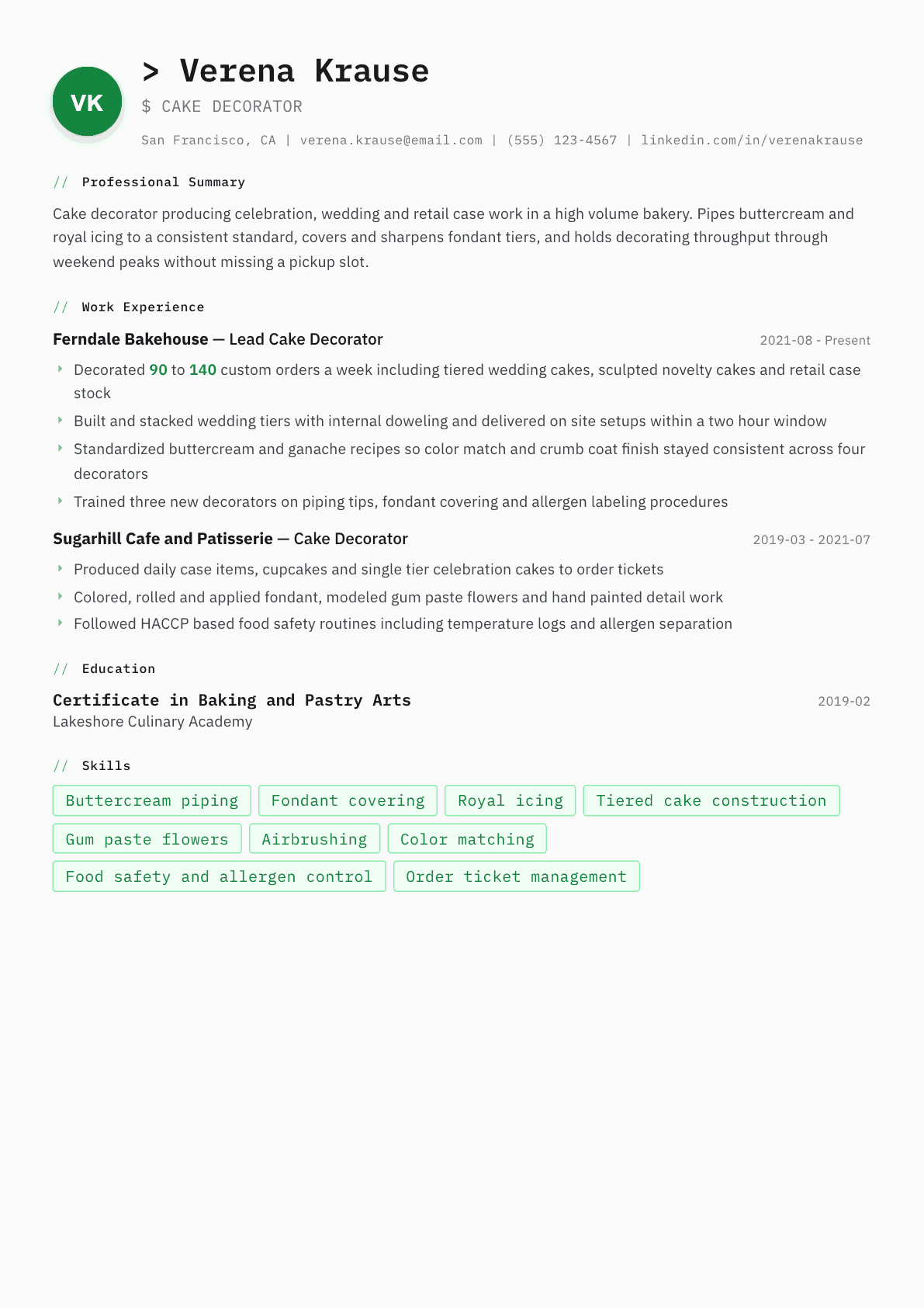 Cake Decorator resume example, Amsterdam template