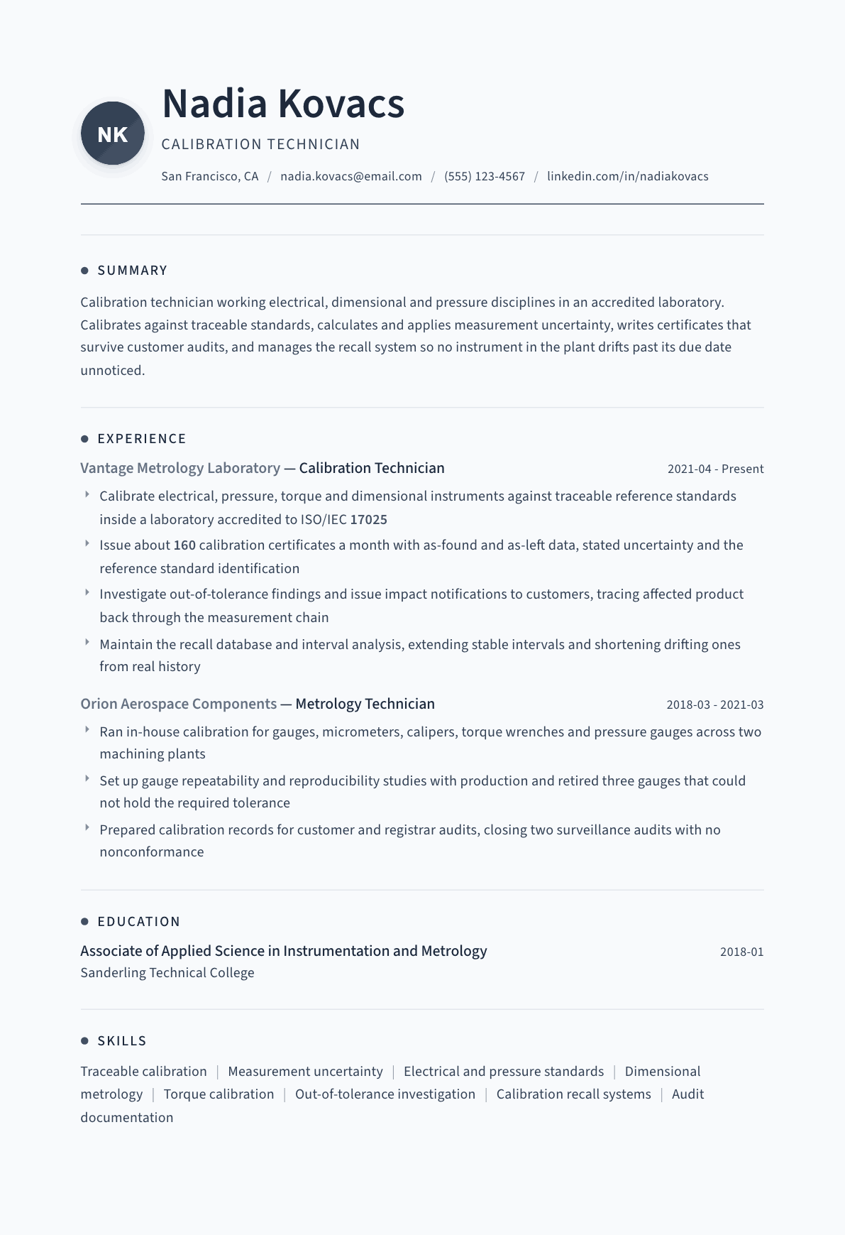 Calibration Technician resume example, Thread template