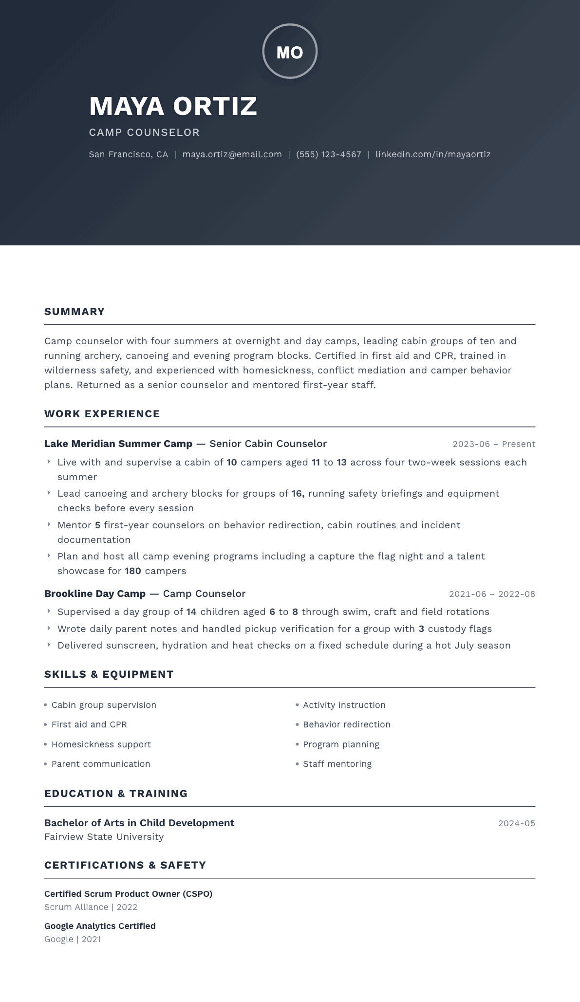 Camp Counselor resume example, Foundation template