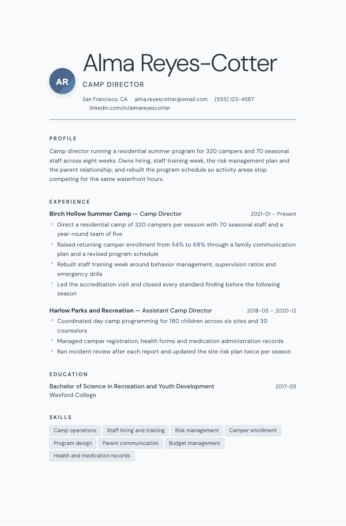 Camp Director resume example, Nordic template