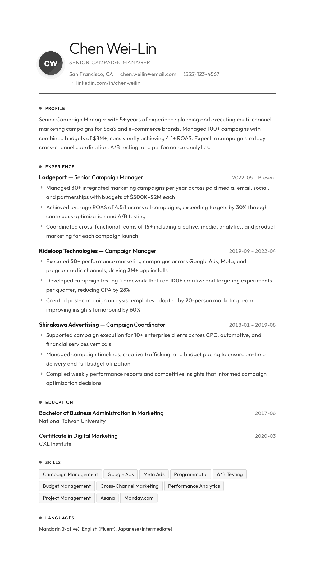 Campaign Manager resume example, Flux template
