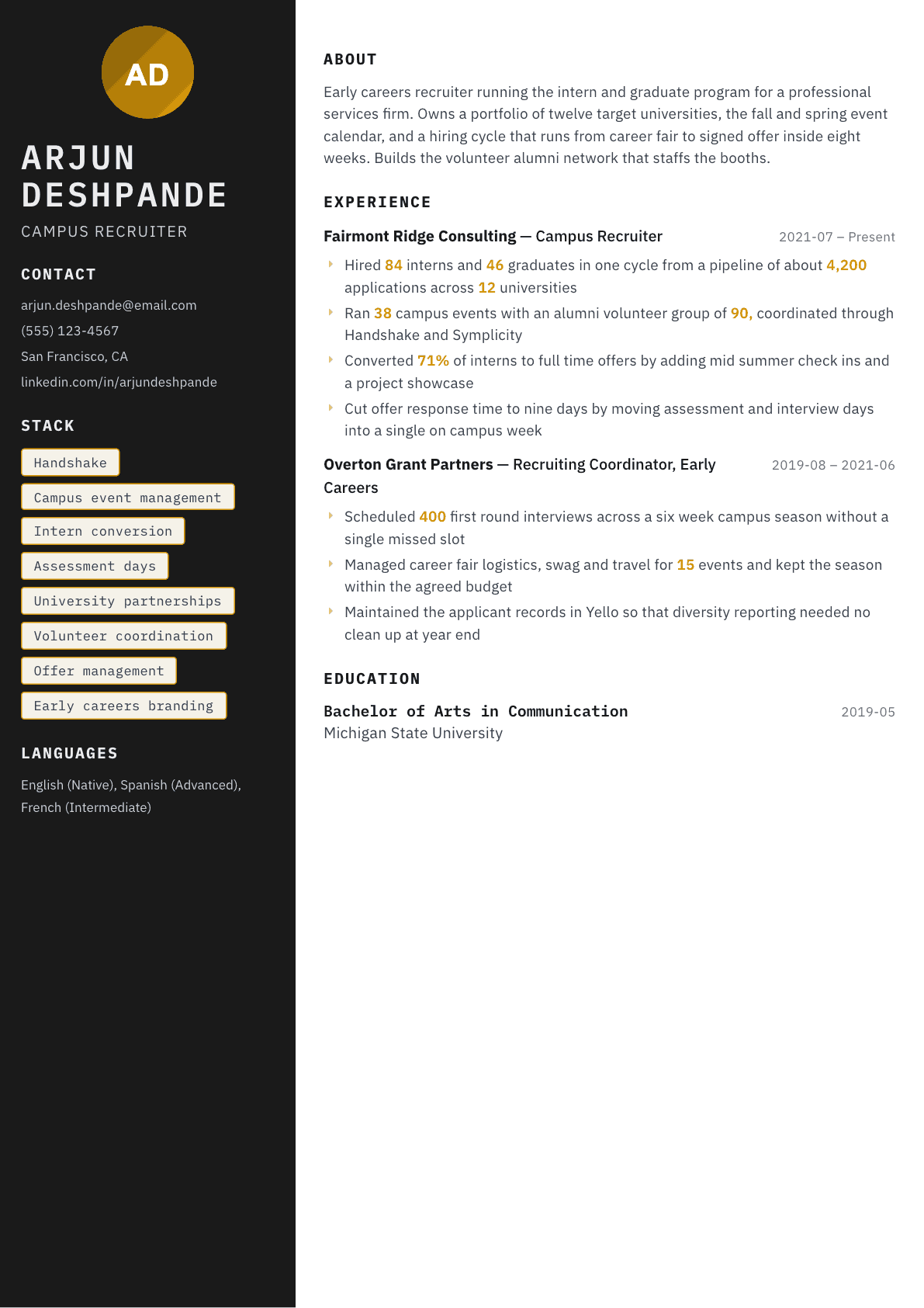 Campus Recruiter resume example, Neon template