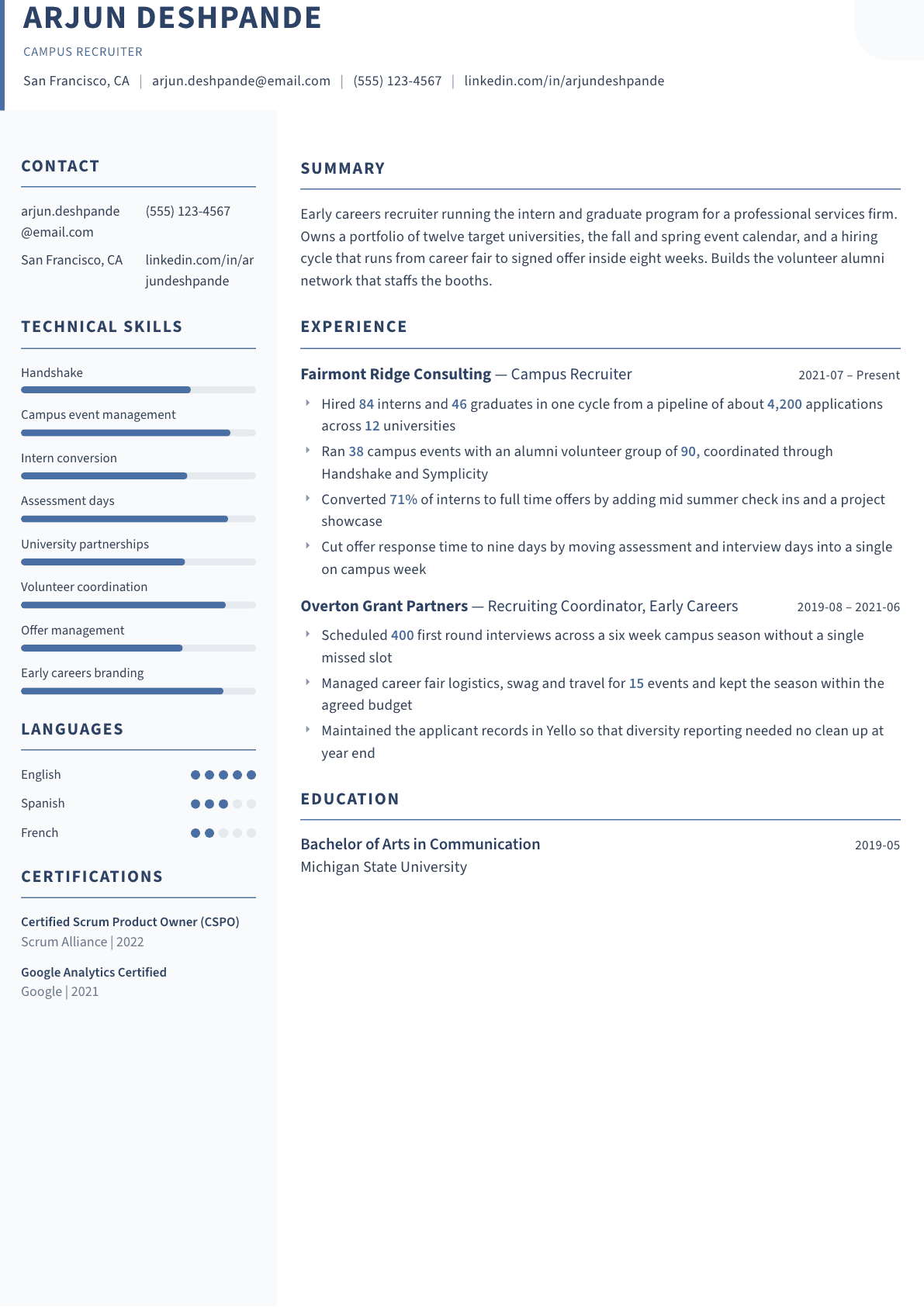 Campus Recruiter resume example, Summit template