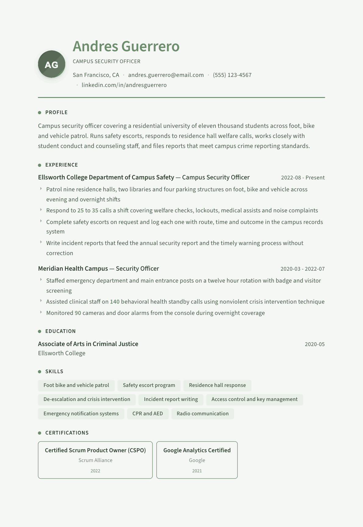 Campus Security Officer resume example, Sage Garden template
