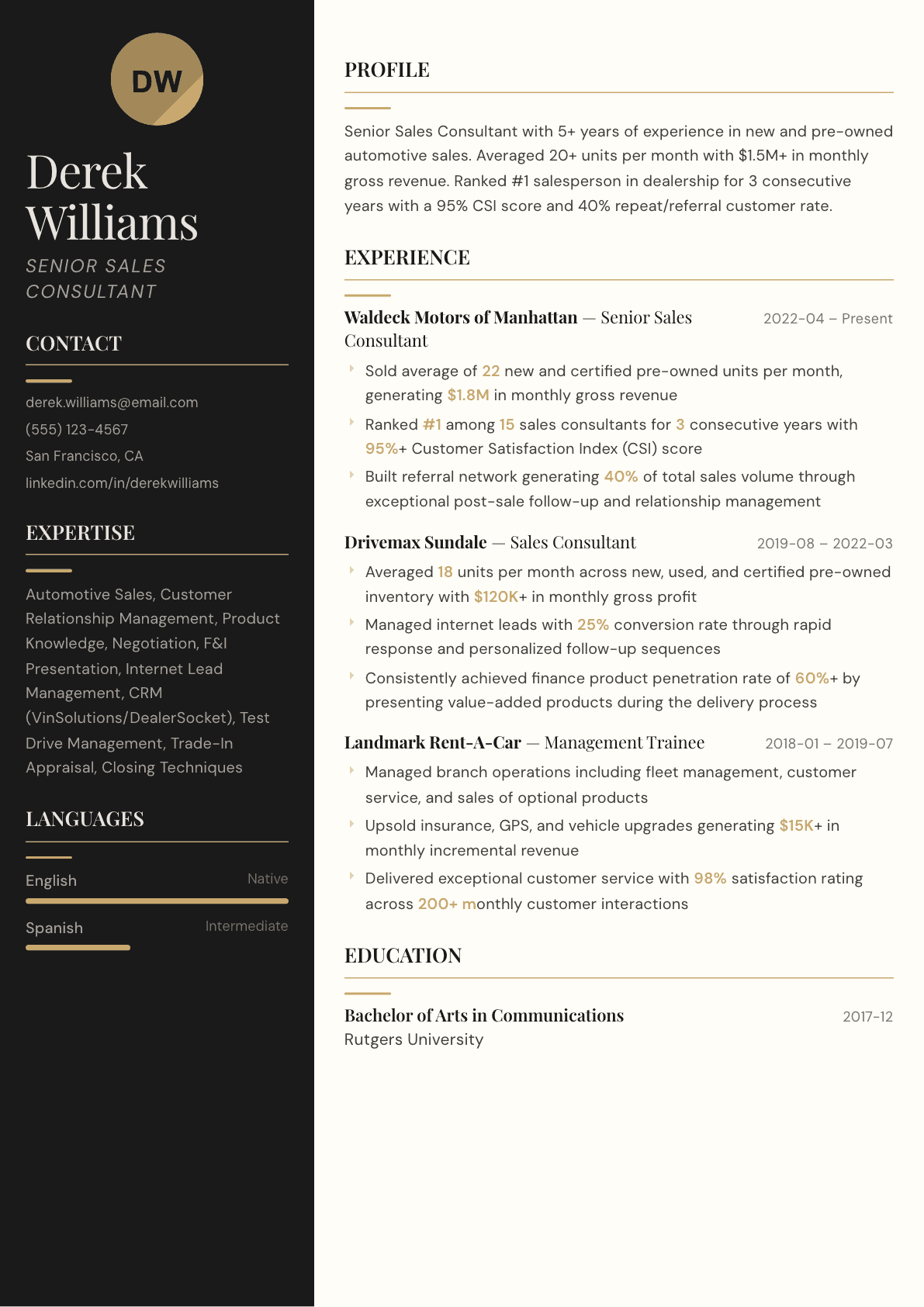 Car Salesperson resume example, Obsidian template