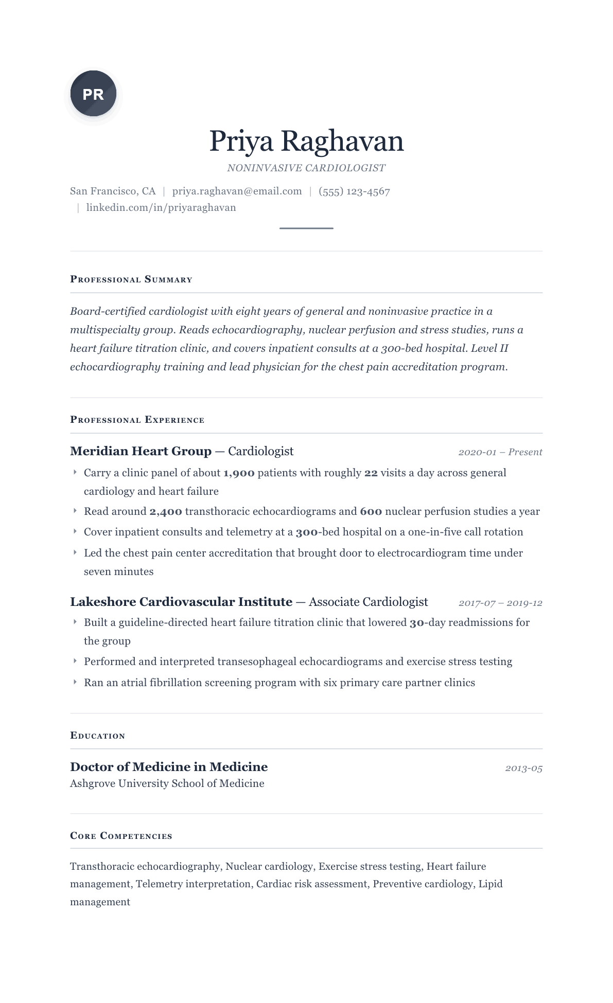 Cardiologist resume example, Cornerstone template