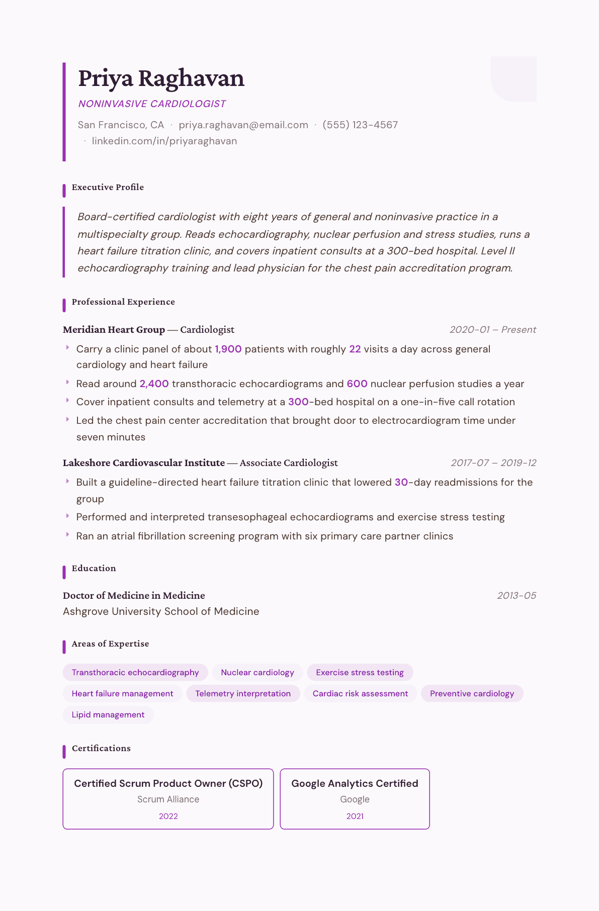 Cardiologist resume example, Plum Noir template