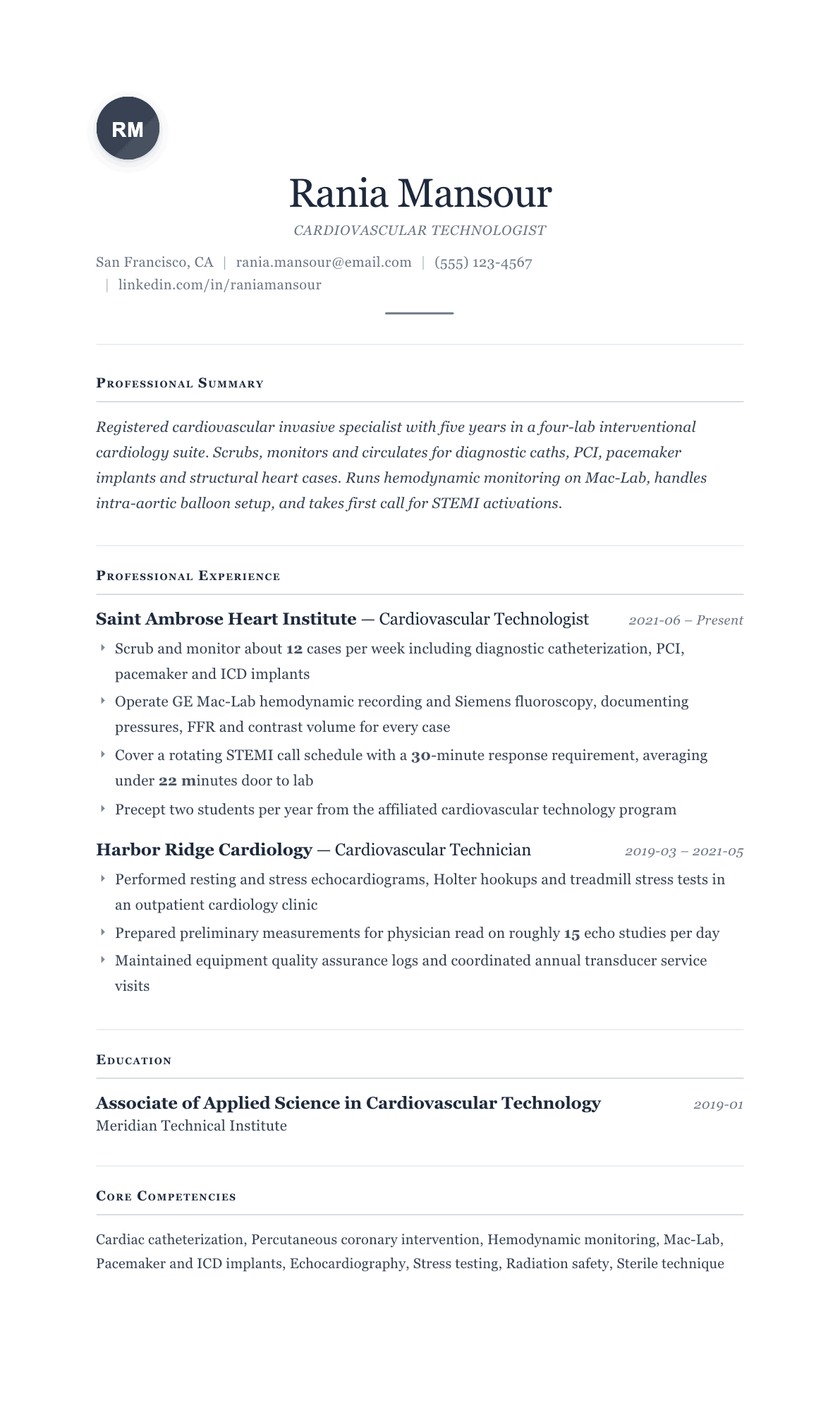 Cardiovascular Technologist resume example, Cornerstone template