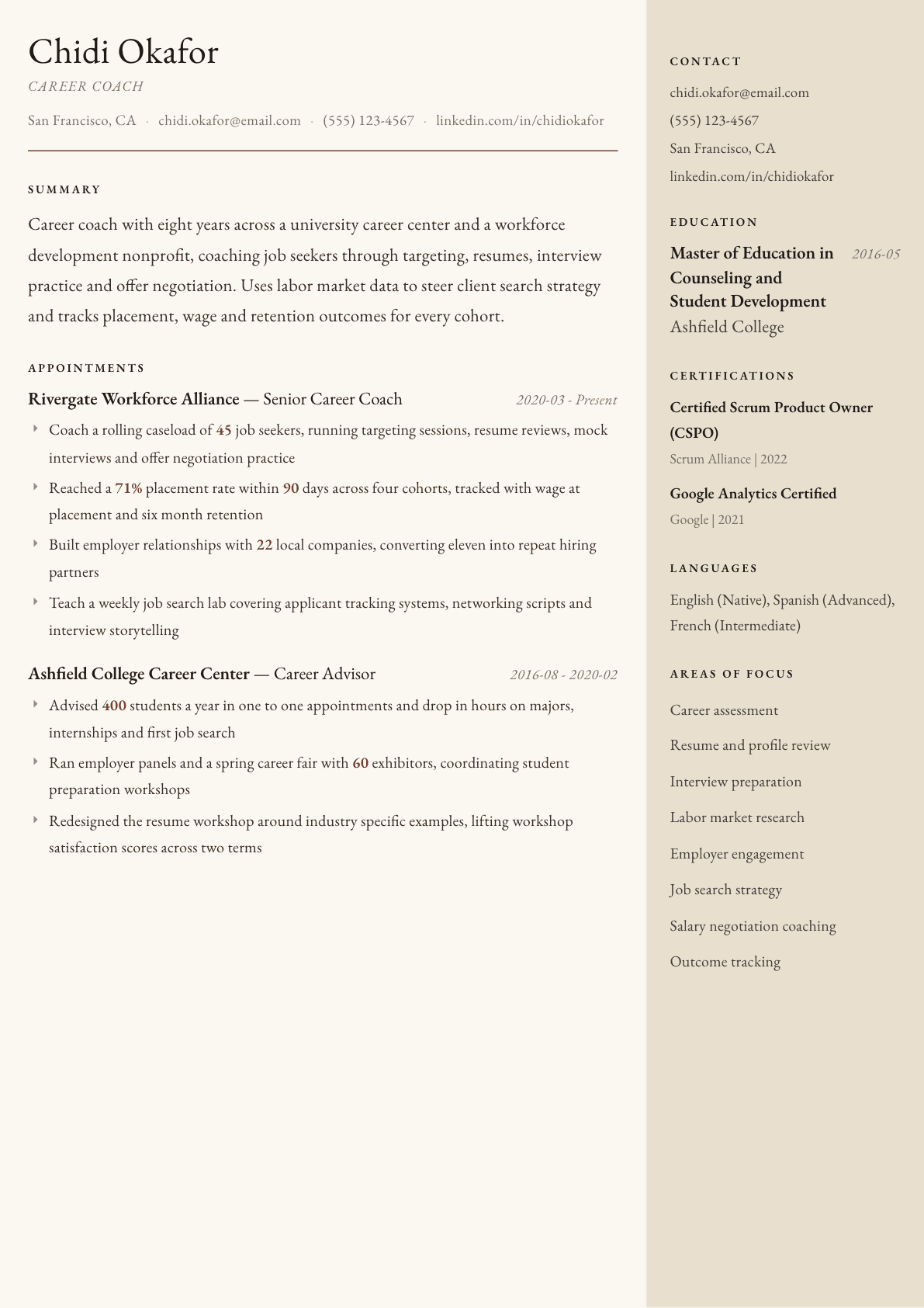 Career Coach resume example, Manuscript template