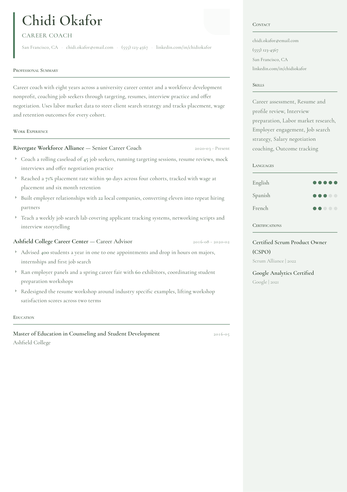 Career Coach resume example, Copenhagen template