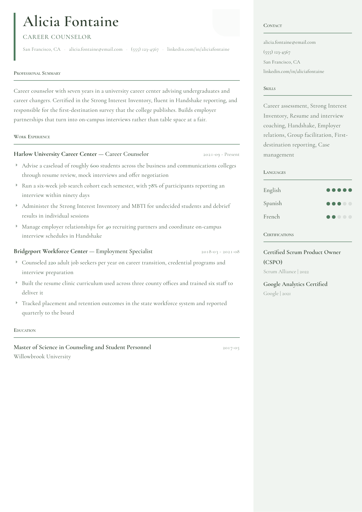 Career Counselor resume example, Copenhagen template