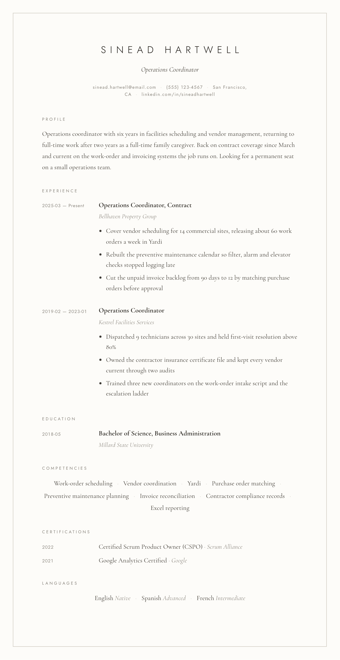 Career Gap resume example, Vellum template