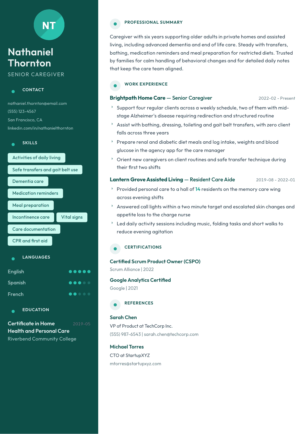 Caregiver resume example, Vienna template