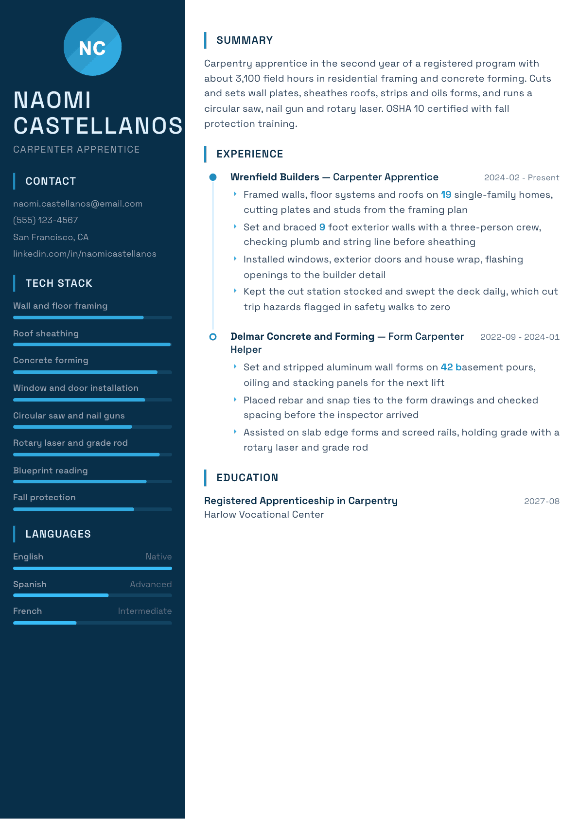 Carpenter Apprentice resume example, Circuit template