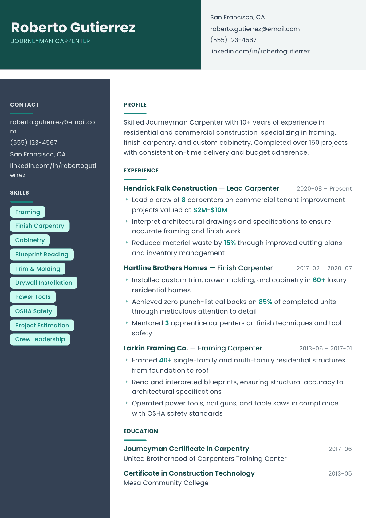 Carpenter resume example, Spectrum template