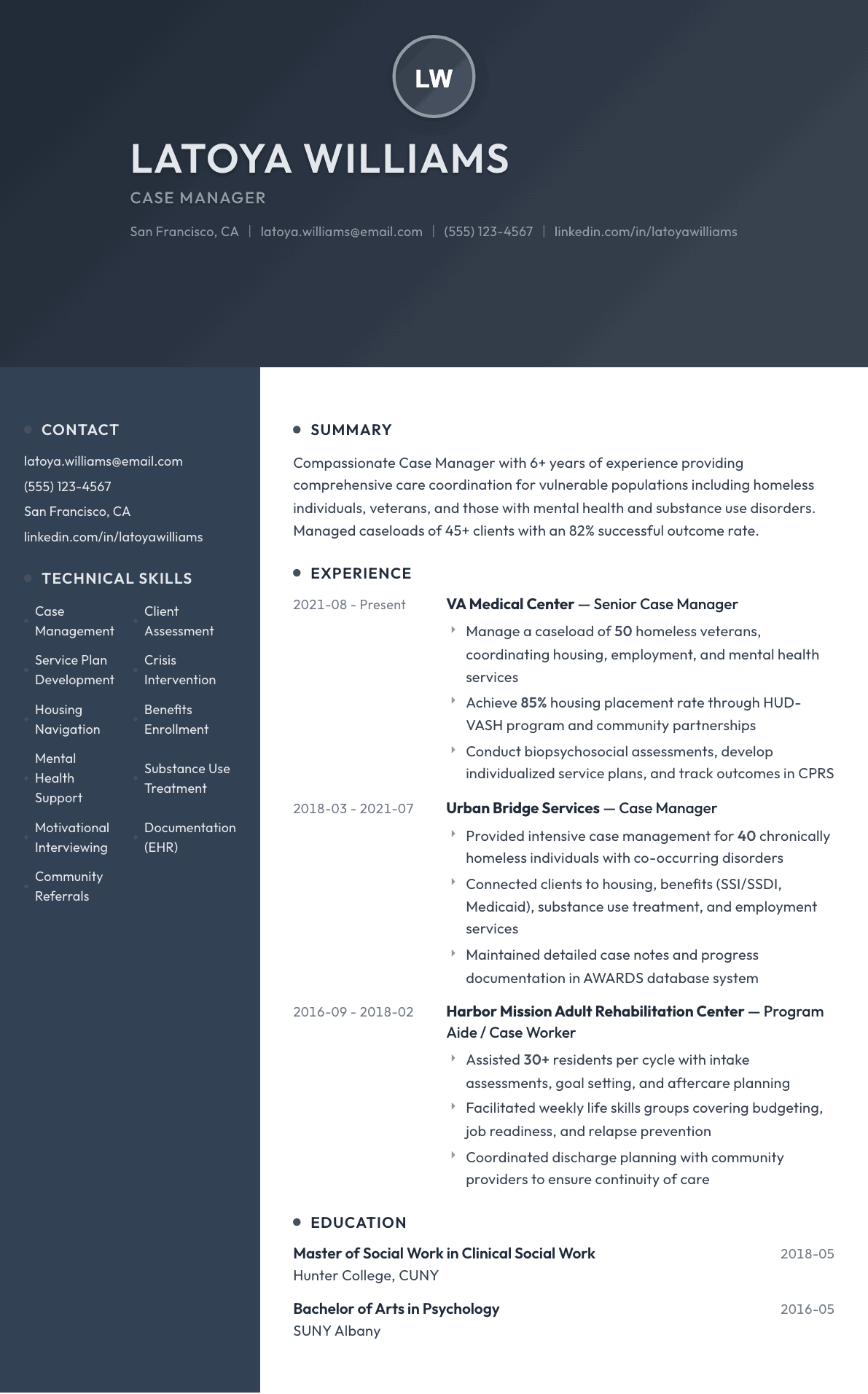 Case Manager resume example, Binary template