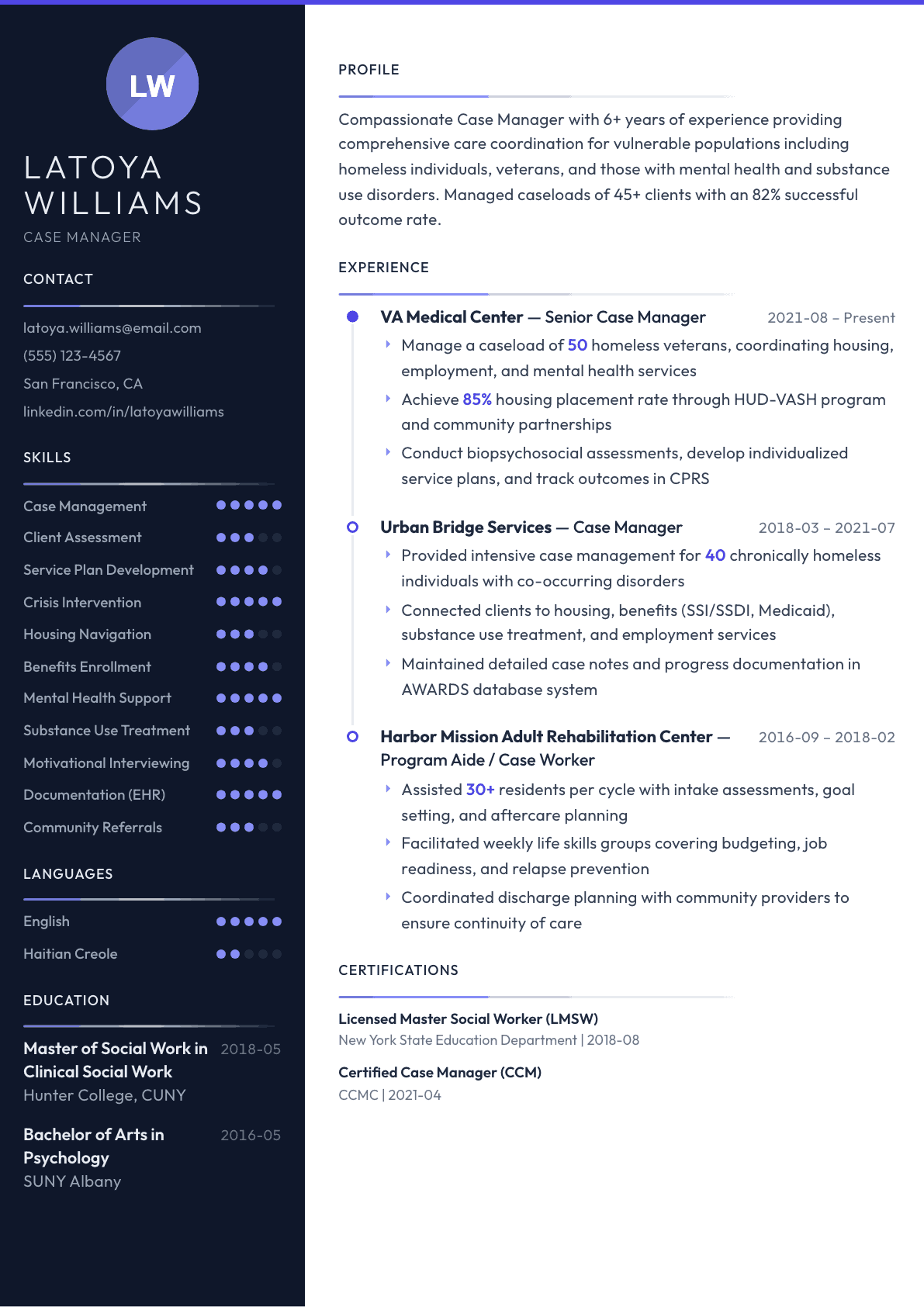 Case Manager resume example, Zenith template