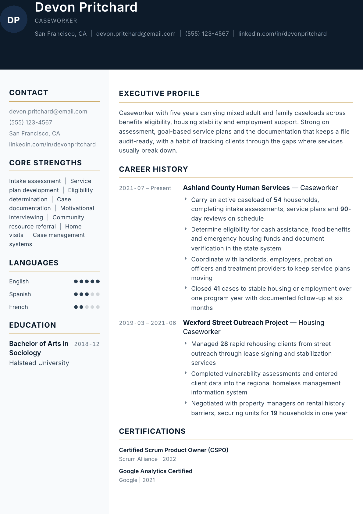 Caseworker resume example, Consulate template