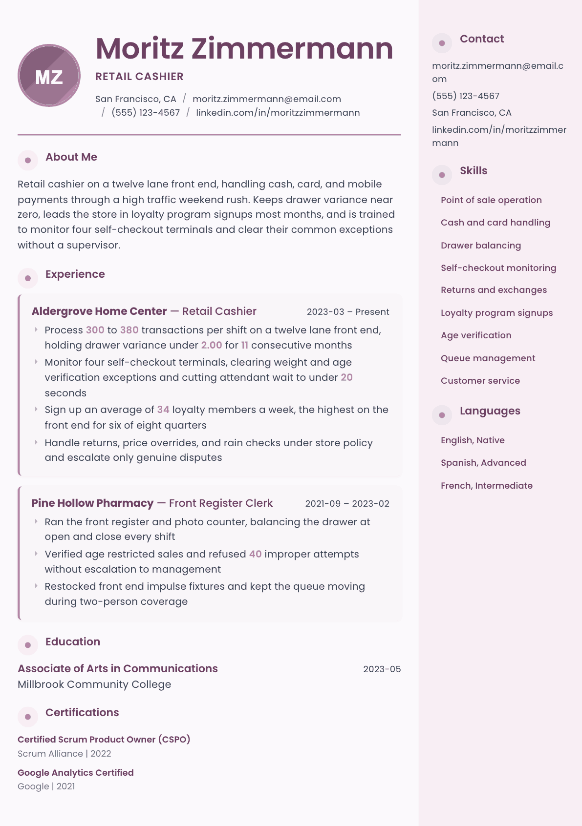 Cashier Retail resume example, Bloom template